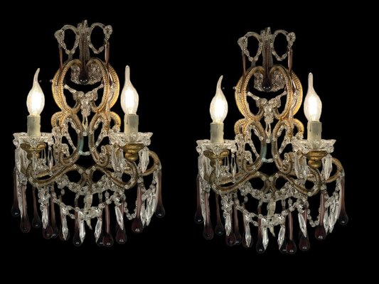 Large Crystal Beaded Macaroni Murano Glass Sconces, 1950s, Set of 2-JJC-1752491