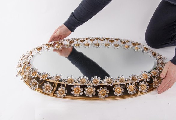 Large Crystal & Brass Oval Backlit Mirror by Christoph Palme for Palwa, Germany, 1960s-DEK-1175897