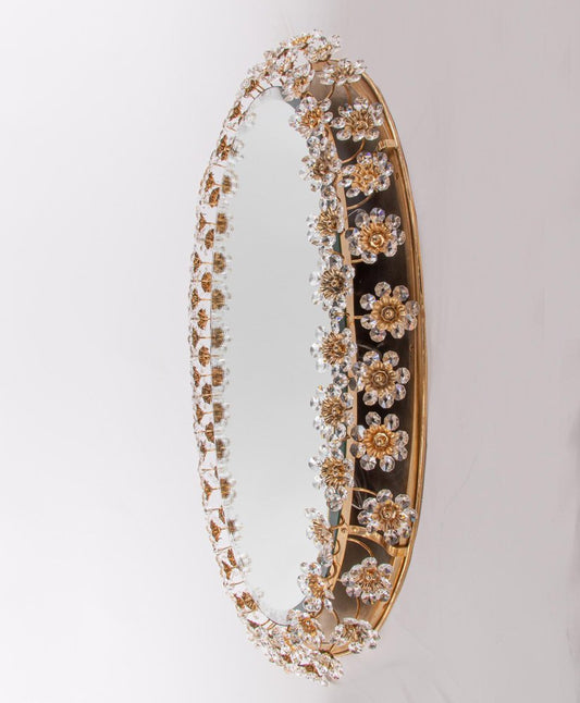 Large Crystal & Brass Oval Backlit Mirror by Christoph Palme for Palwa, Germany, 1960s