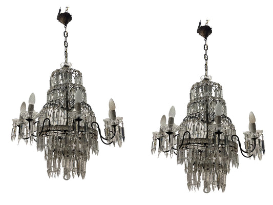 Large Crystal Waterfall Chandeliers, 1940s, Set of 2