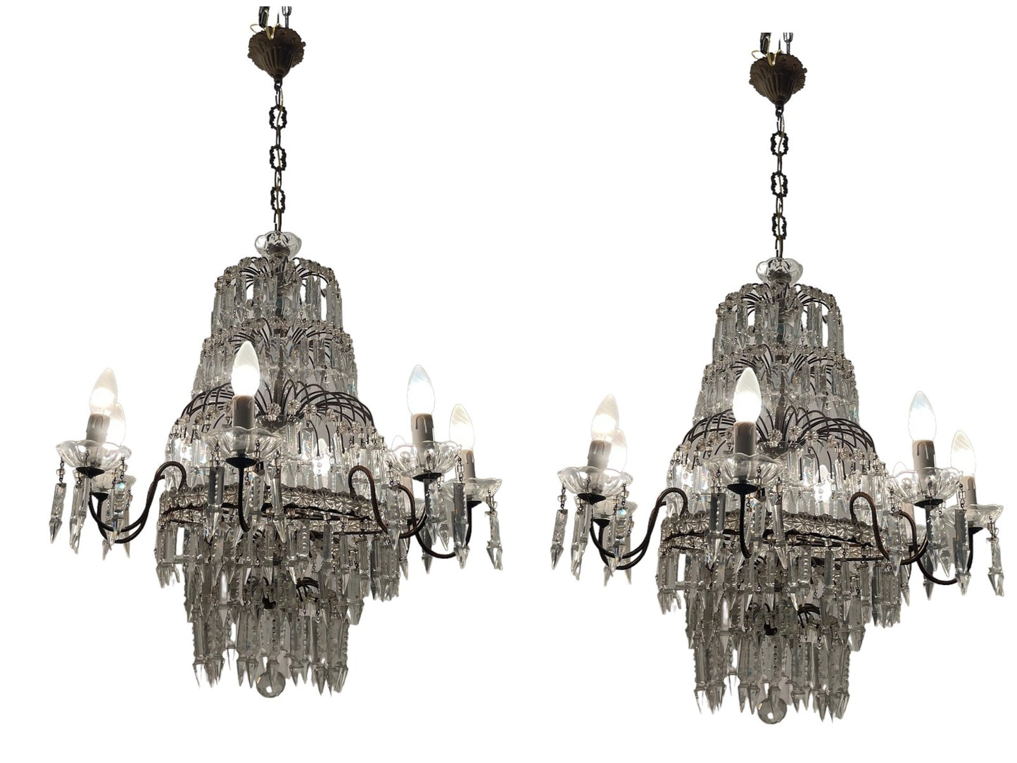 Large Crystal Waterfall Chandeliers, 1940s, Set of 2