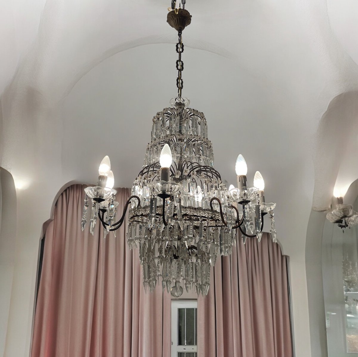 Large Crystal Waterfall Chandeliers, 1940s, Set of 2