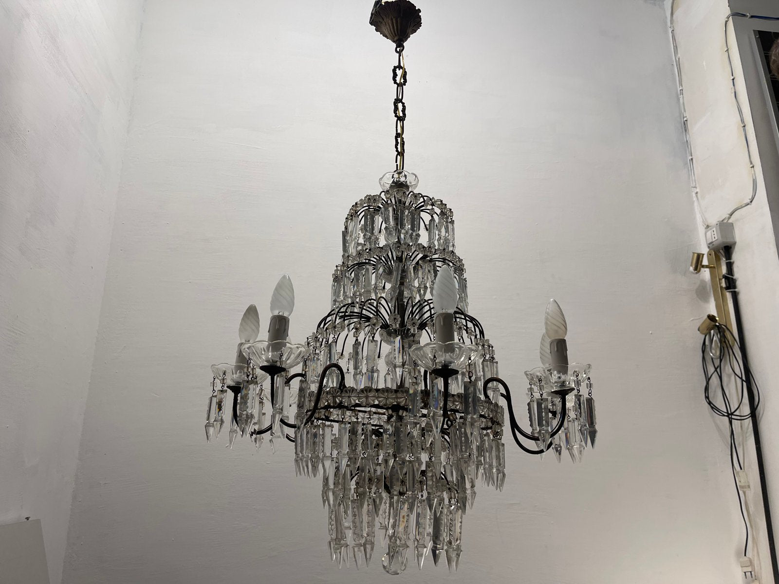 Large Crystal Waterfall Chandeliers, 1940s, Set of 2