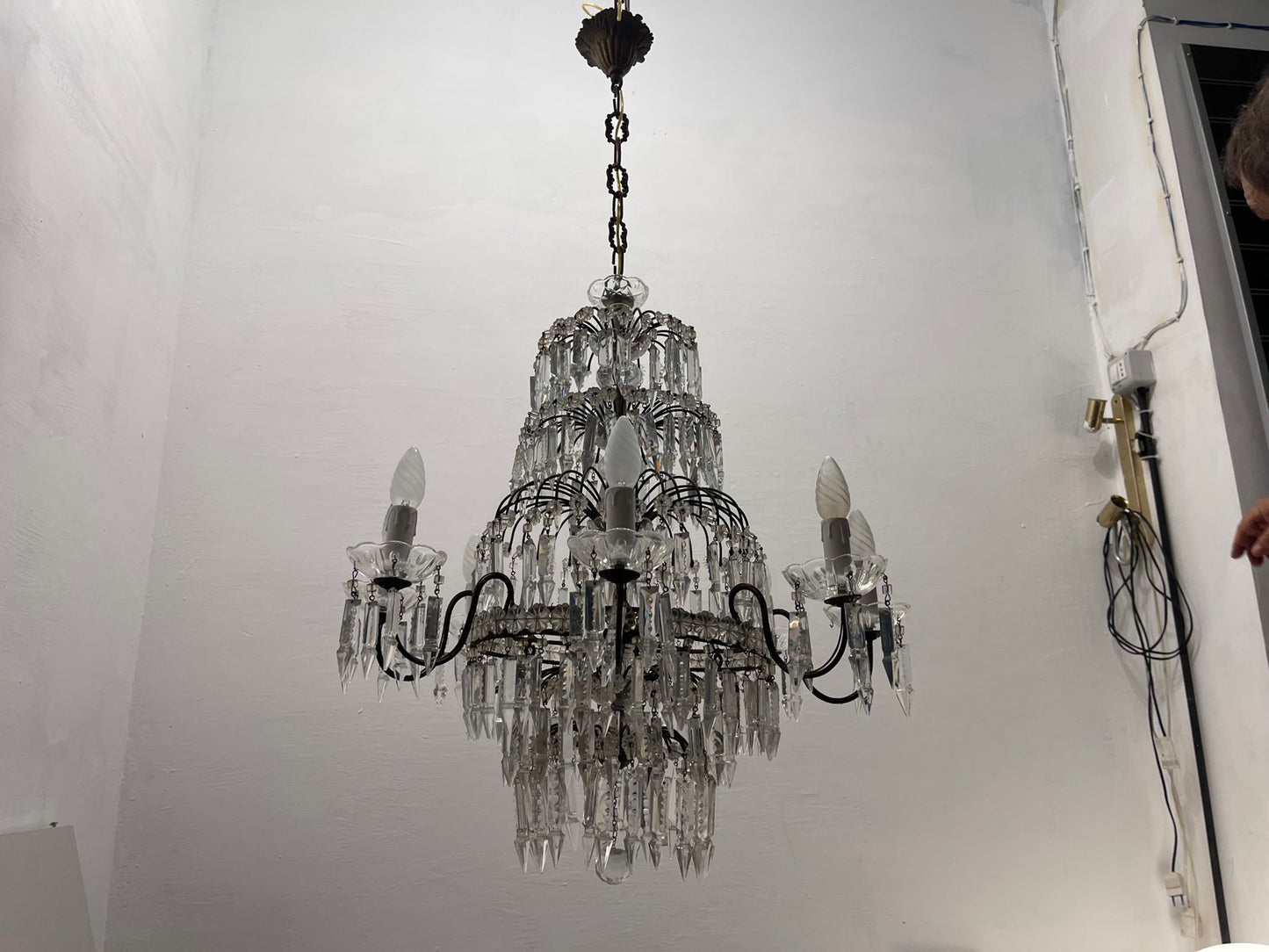 Large Crystal Waterfall Chandeliers, 1940s, Set of 2