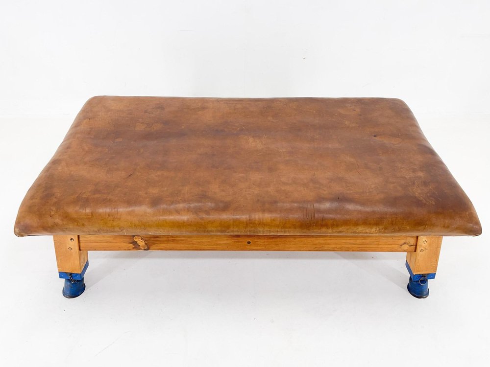 Large Czechoslovakian Leather and Wood Gym Bench, 1940s