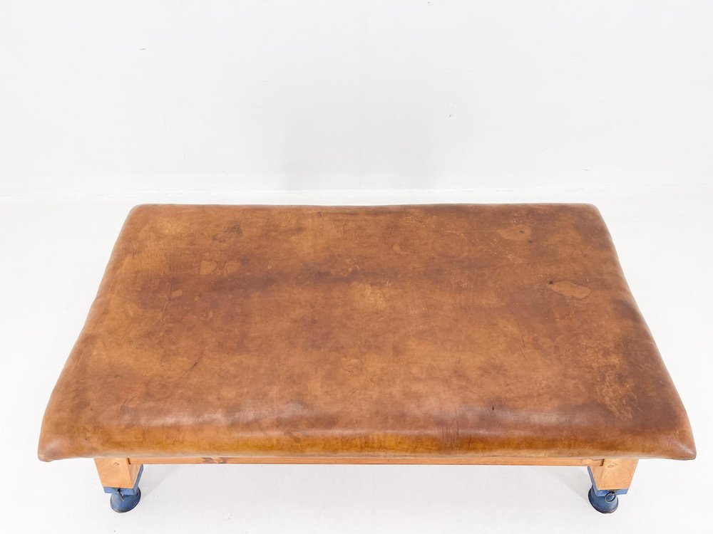 Large Czechoslovakian Leather and Wood Gym Bench, 1940s