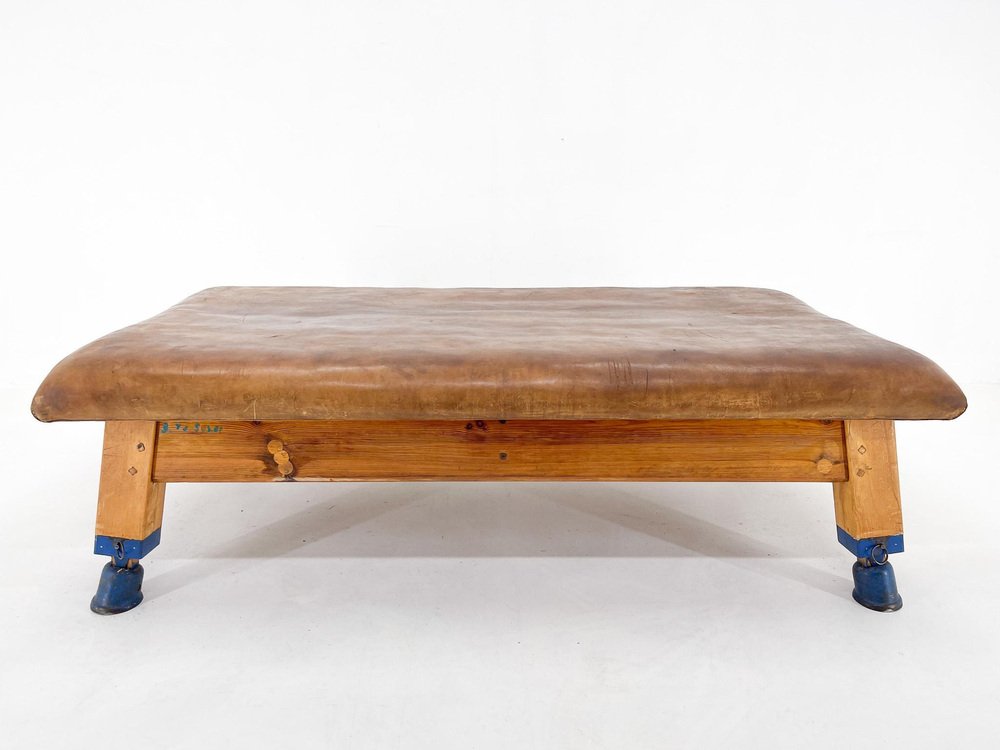 Large Czechoslovakian Leather and Wood Gym Bench, 1940s