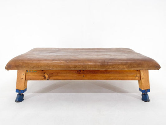 Large Czechoslovakian Leather and Wood Gym Bench, 1940s