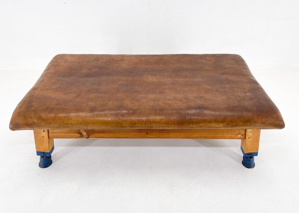 Large Czechoslovakian Leather and Wood Gym Bench, 1940s