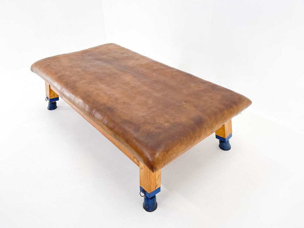 Large Czechoslovakian Leather and Wood Gym Bench, 1940s