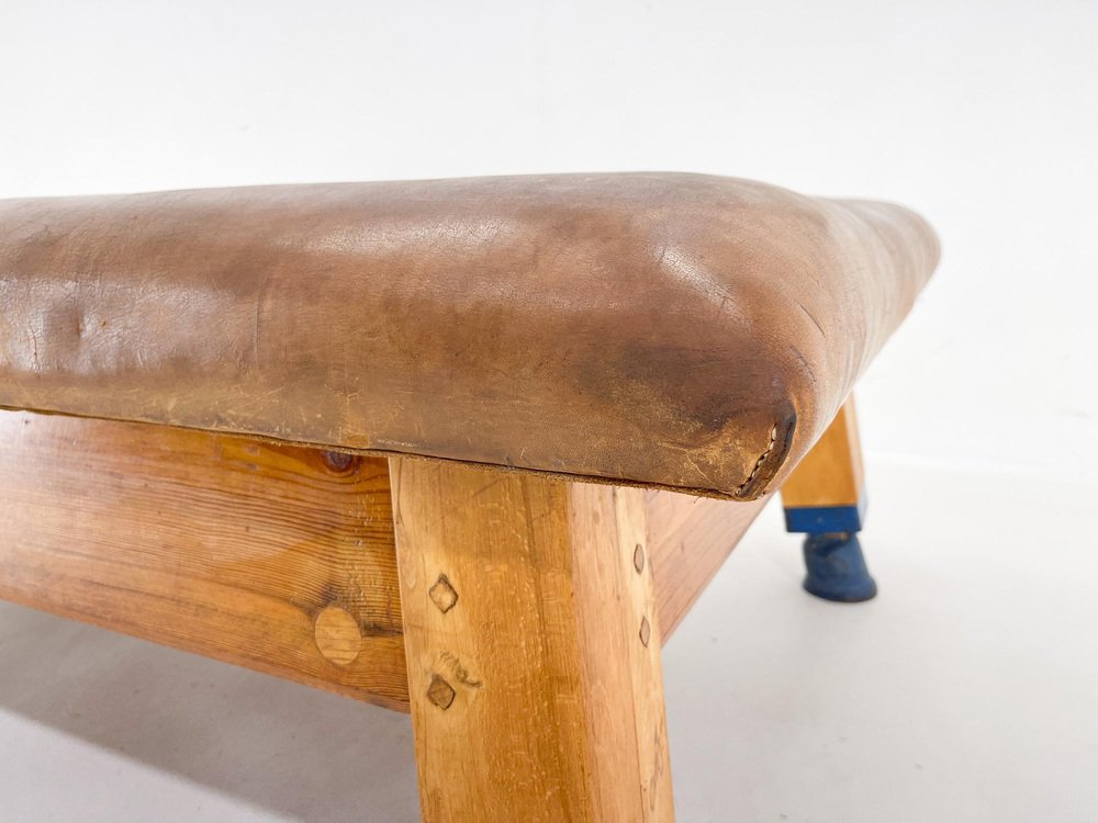 Large Czechoslovakian Leather and Wood Gym Bench, 1940s