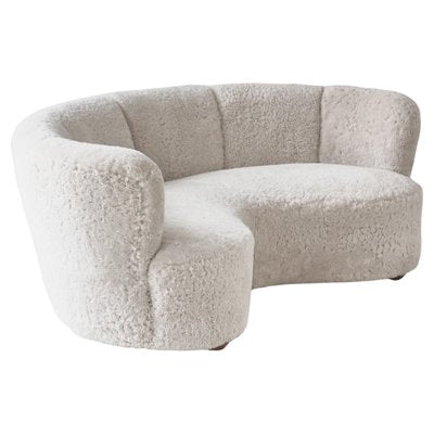 Large Danish Banana Sofa in Natural Sheepskin & Oak, 1940s-WRF-1756188