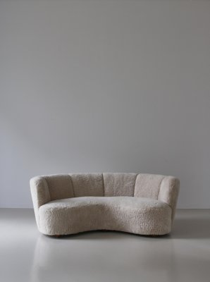 Large Danish Banana Sofa in Natural Sheepskin & Oak, 1940s-WRF-1756188