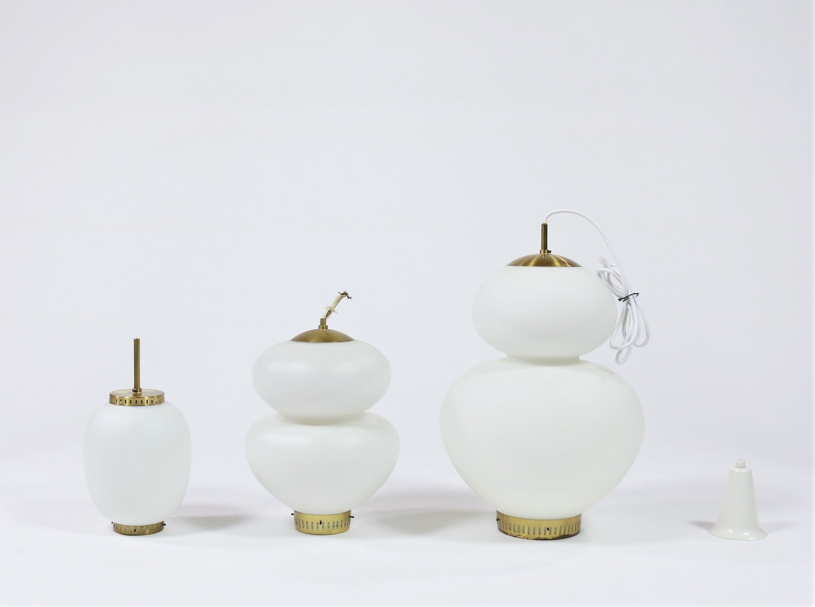 Large Danish Modern Brass and Opaline Glass Peanut Pendant Lamp by Bent Karlby for Lyfa, 1950s