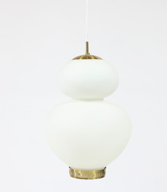 Large Danish Modern Brass and Opaline Glass Peanut Pendant Lamp by Bent Karlby for Lyfa, 1950s