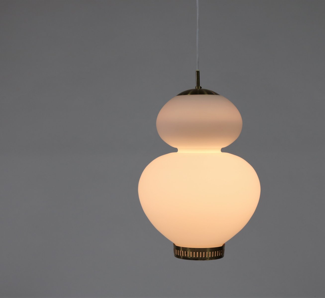 Large Danish Modern Brass and Opaline Glass Peanut Pendant Lamp by Bent Karlby for Lyfa, 1950s