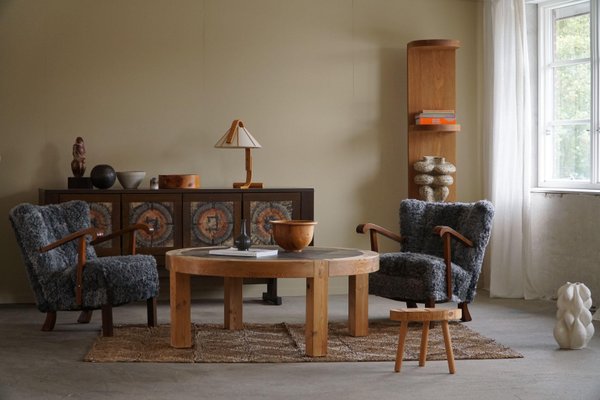 Large Danish Round Coffee Table in Pine & Ceramic by Sallingboe, 1970s