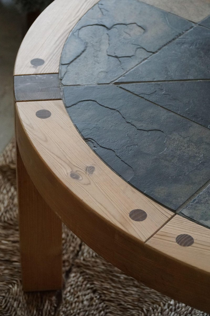 Large Danish Round Coffee Table in Pine & Ceramic by Sallingboe, 1970s