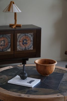 Large Danish Round Coffee Table in Pine & Ceramic by Sallingboe, 1970s