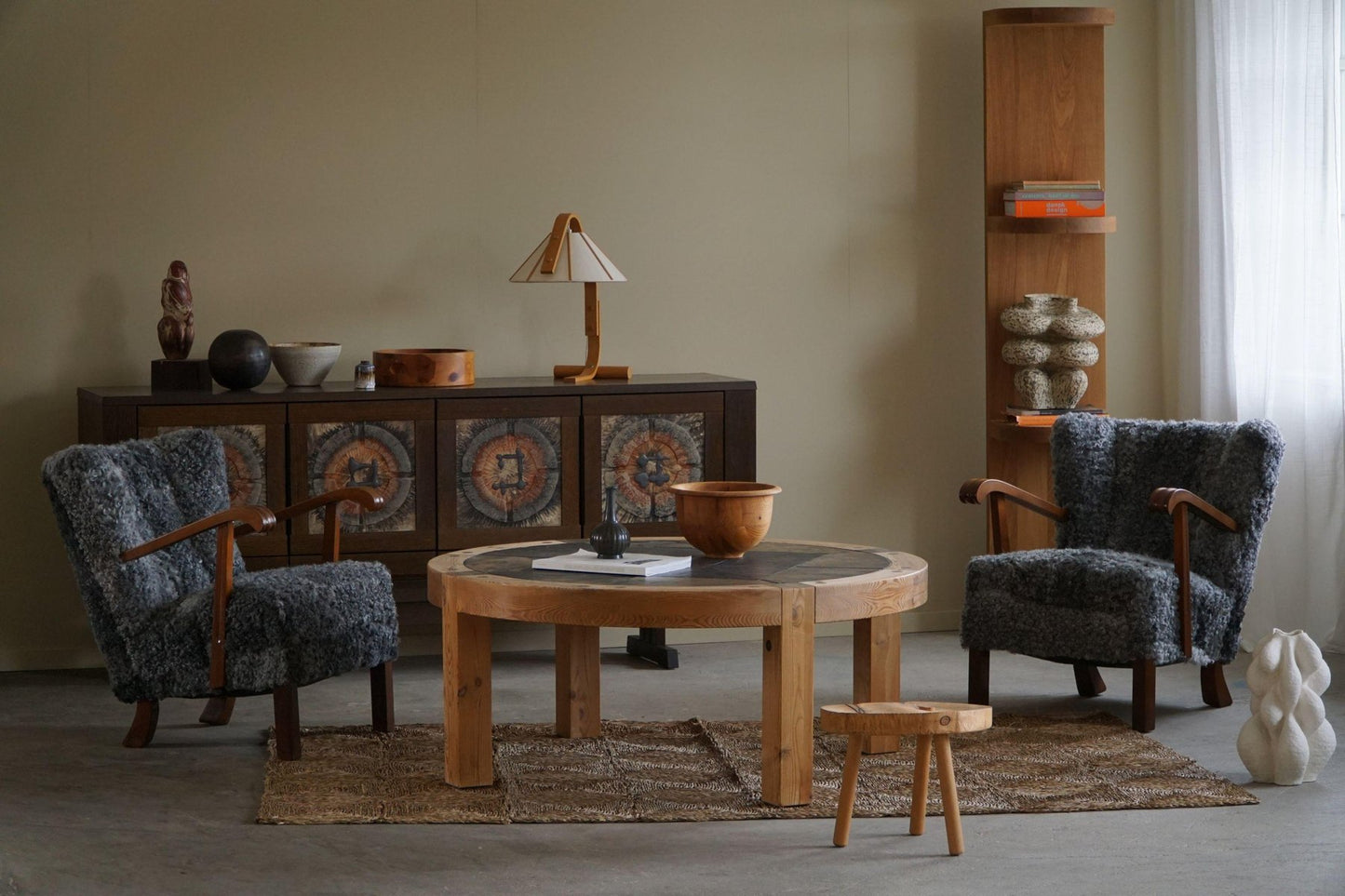 Large Danish Round Coffee Table in Pine & Ceramic by Sallingboe, 1970s