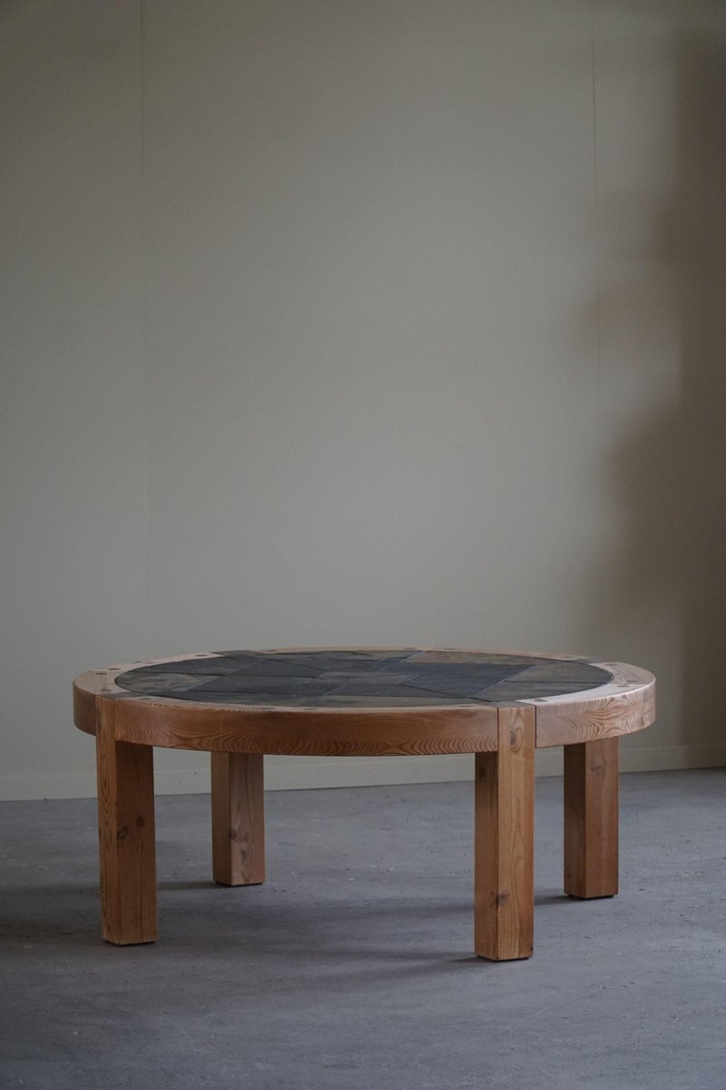 Large Danish Round Coffee Table in Pine & Ceramic by Sallingboe, 1970s