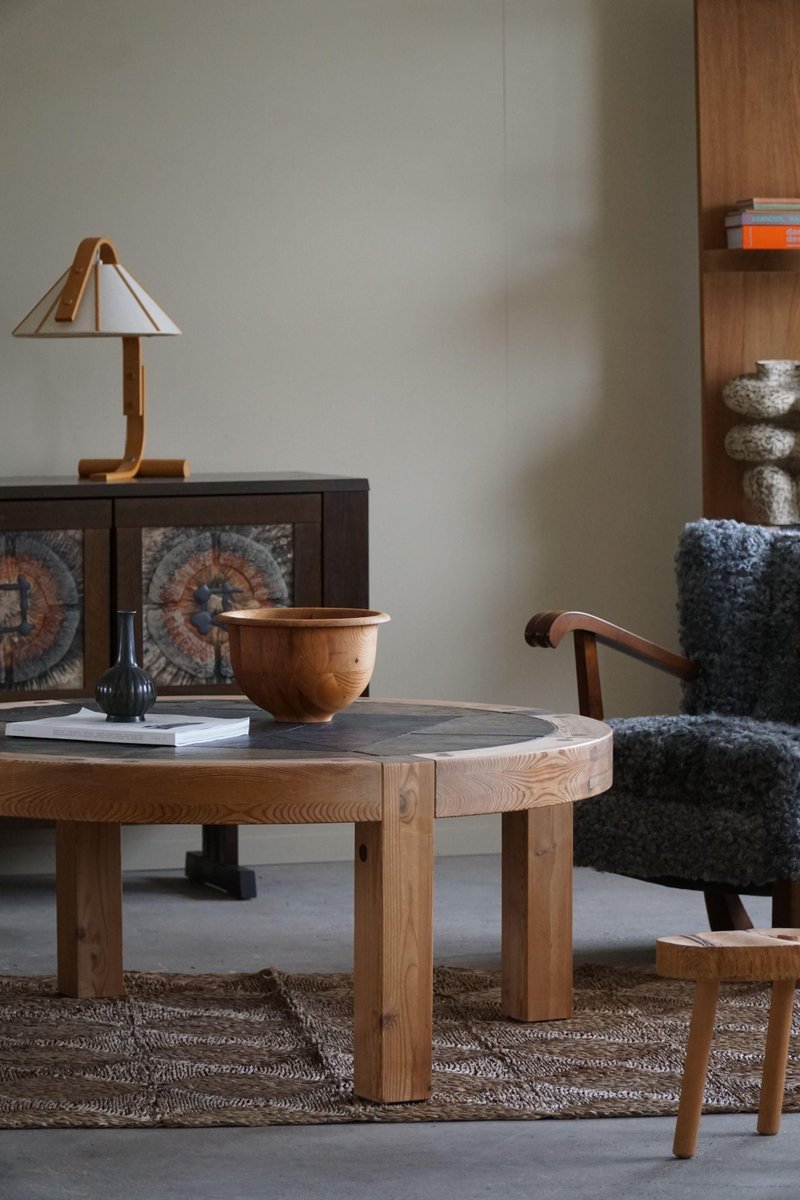 Large Danish Round Coffee Table in Pine & Ceramic by Sallingboe, 1970s