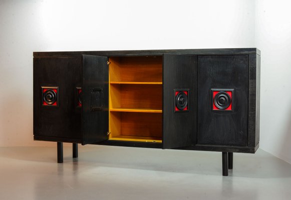 Large De Coene Style Belgian Brutalist Black Sideboard with Red Accents, 1960s-IXC-866081