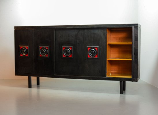 Large De Coene Style Belgian Brutalist Black Sideboard with Red Accents, 1960s-IXC-866081