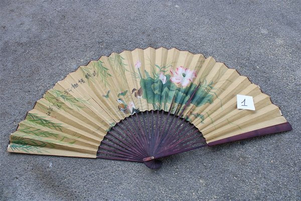 Large Decorative Fan in Painted Paper and Wood, China, 1940s-EH-1058648