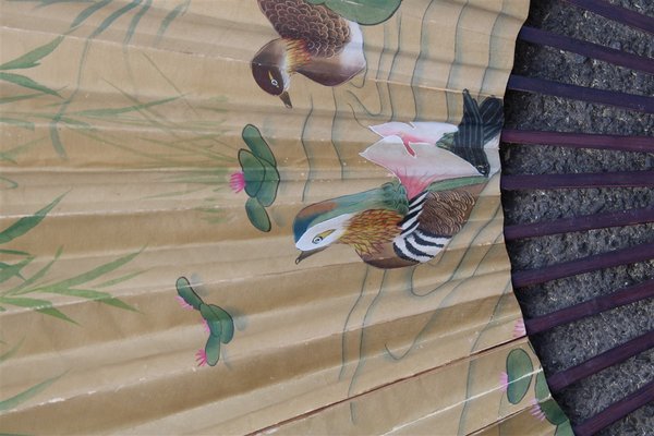 Large Decorative Fan in Painted Paper and Wood, China, 1940s-EH-1058648