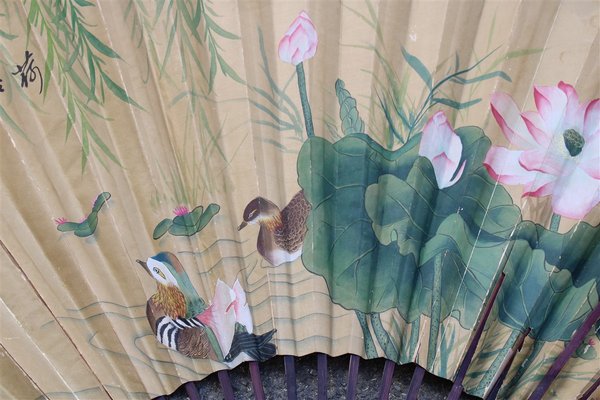 Large Decorative Fan in Painted Paper and Wood, China, 1940s-EH-1058648