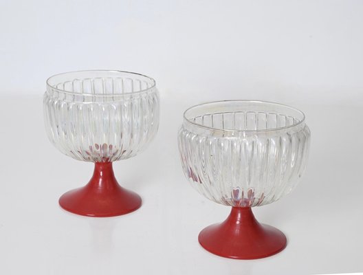 Large Decorative Murano Red and Iridescent Goblet Glasses, Italy, 1940s, Set of 2-JDR-1717756