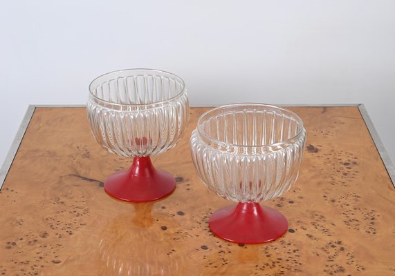 Large Decorative Murano Red and Iridescent Goblet Glasses, Italy, 1940s, Set of 2-JDR-1717756