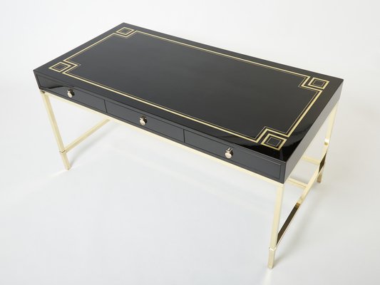 Large Desk in Black Lacquer & Brass by Guy Lefevre for Maison Jansen, 1970s-YJA-1363521