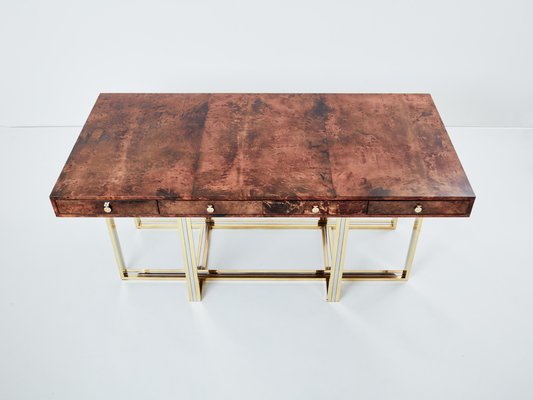 Large Desk in Goatskin, Parchment, Brass and Chrome by Aldo Tura, 1960s-YJA-1776037