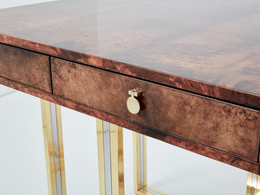 Large Desk in Goatskin, Parchment, Brass and Chrome by Aldo Tura, 1960s-YJA-1776037