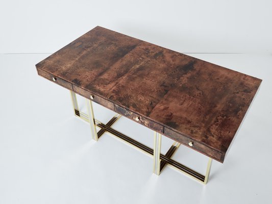 Large Desk in Goatskin, Parchment, Brass and Chrome by Aldo Tura, 1960s-YJA-1776037