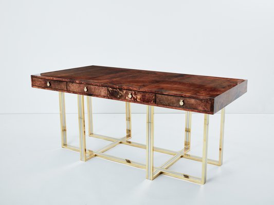 Large Desk in Goatskin, Parchment, Brass and Chrome by Aldo Tura, 1960s-YJA-1776037