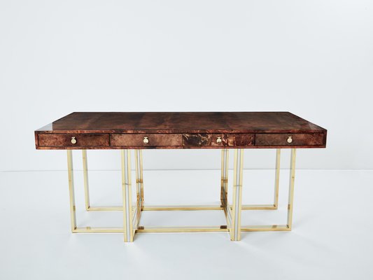 Large Desk in Goatskin, Parchment, Brass and Chrome by Aldo Tura, 1960s-YJA-1776037