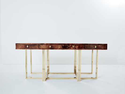 Large Desk in Goatskin, Parchment, Brass and Chrome by Aldo Tura, 1960s-YJA-1776037