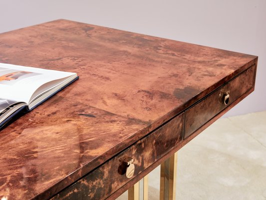 Large Desk in Goatskin, Parchment, Brass and Chrome by Aldo Tura, 1960s-YJA-1776037