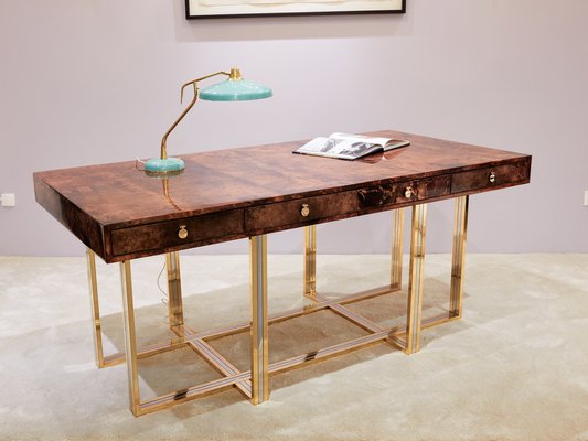 Large Desk in Goatskin, Parchment, Brass and Chrome by Aldo Tura, 1960s-YJA-1776037