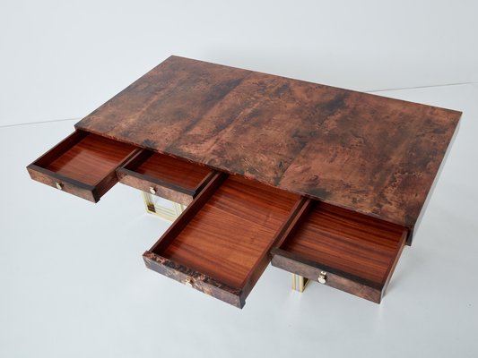 Large Desk in Goatskin, Parchment, Brass and Chrome by Aldo Tura, 1960s-YJA-1776037