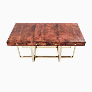 Large Desk in Goatskin, Parchment, Brass and Chrome by Aldo Tura, 1960s-YJA-1776037