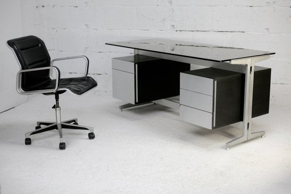 Large Double Pedestal Desk in Black Stained Wood with Stainless Steel Lining by Etienne Fermigier for JFR, France, 1970-MAO-1393897