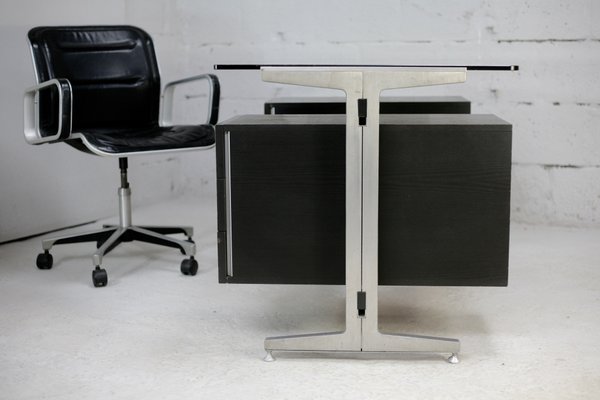 Large Double Pedestal Desk in Black Stained Wood with Stainless Steel Lining by Etienne Fermigier for JFR, France, 1970-MAO-1393897