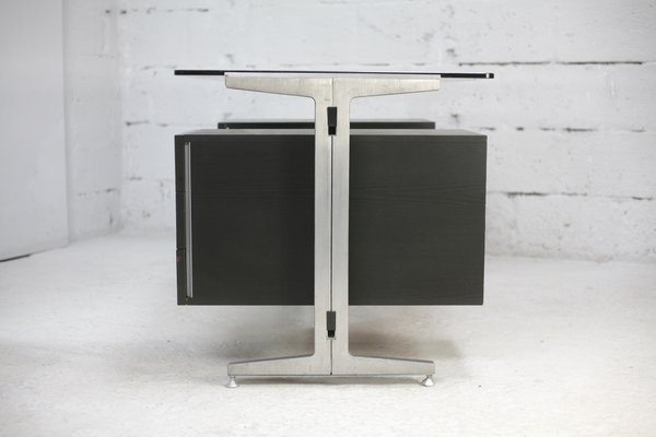 Large Double Pedestal Desk in Black Stained Wood with Stainless Steel Lining by Etienne Fermigier for JFR, France, 1970-MAO-1393897