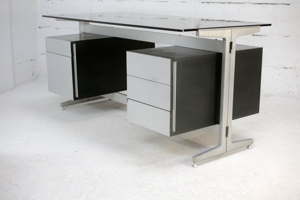 Large Double Pedestal Desk in Black Stained Wood with Stainless Steel Lining by Etienne Fermigier for JFR, France, 1970-MAO-1393897