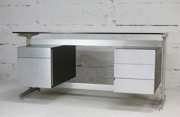 Large Double Pedestal Desk in Black Stained Wood with Stainless Steel Lining by Etienne Fermigier for JFR, France, 1970-MAO-1393897