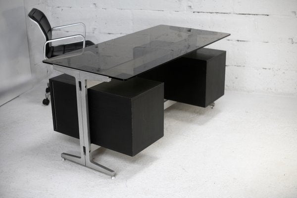 Large Double Pedestal Desk in Black Stained Wood with Stainless Steel Lining by Etienne Fermigier for JFR, France, 1970-MAO-1393897